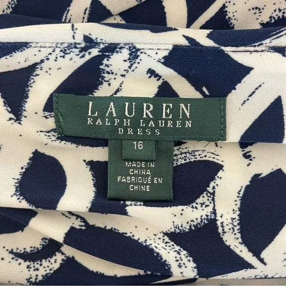 NWT Lauren Ralph Lauren White & Blue Dress | Ruched Faux Wrap V-Neck | 16 - Picture 8 of 14
